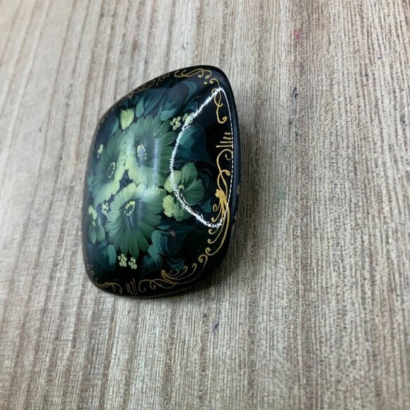 Russian Vintage Square Hand Painted Floral Themed Brooch Pin - Picture 4 of 8